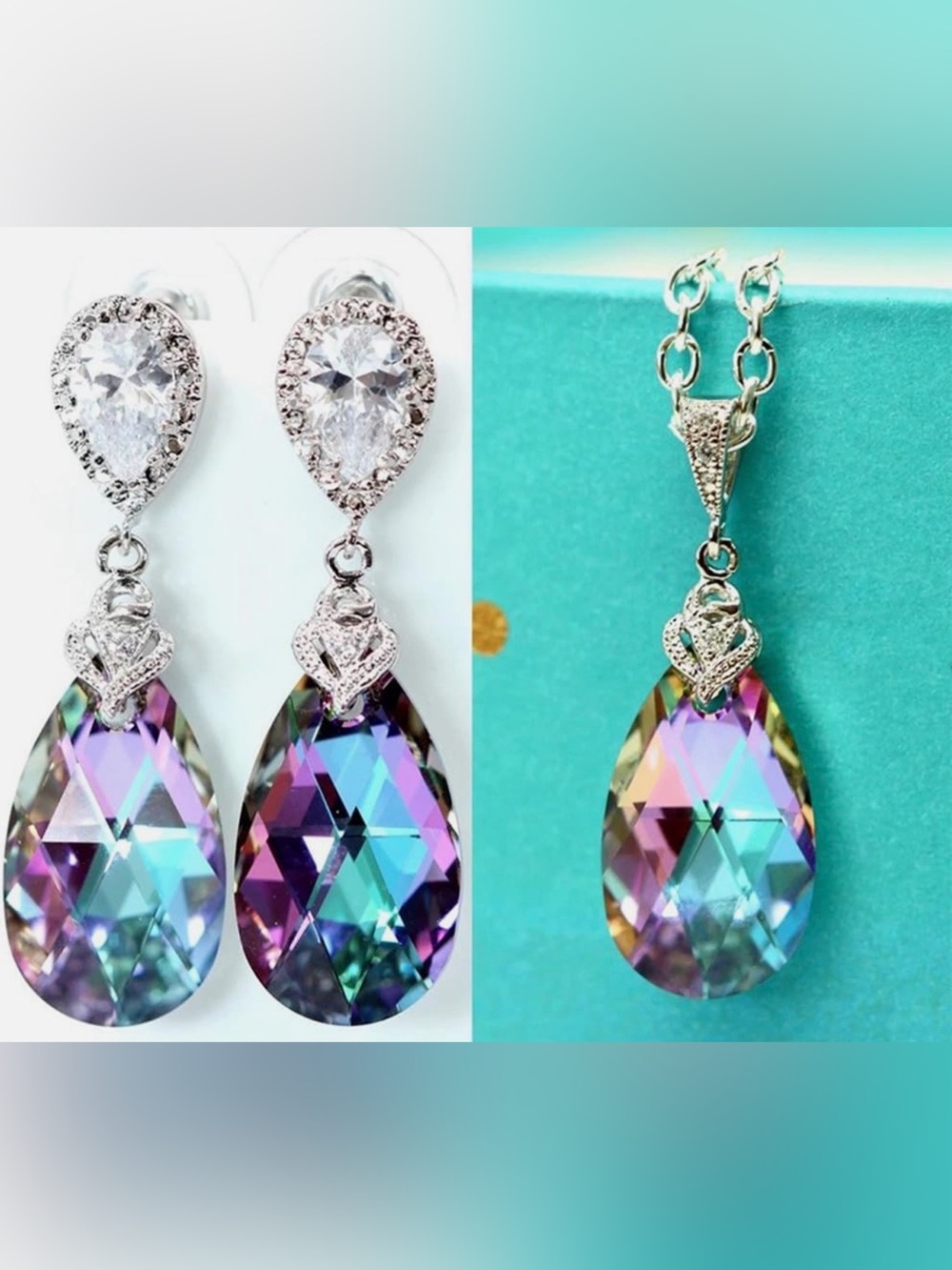 NWT Aurora Borealis Crystal Teardrop Necklace & Earrings Jewelry Set Silver Tone